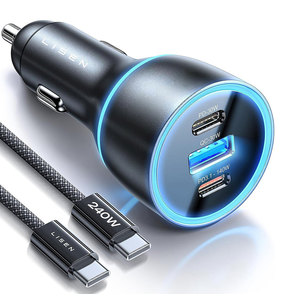 Chargeur de voiture avec câble USB-C Lisen, 170W, 5A, 1 x USB-A - 2 x USB-C, Noir YL0225060006