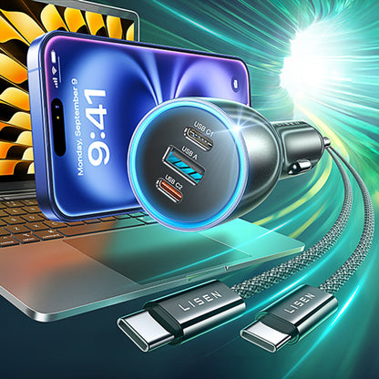 Chargeur de voiture avec câble USB-C Lisen, 170W, 5A, 1 x USB-A - 2 x USB-C, Noir YL0225060006