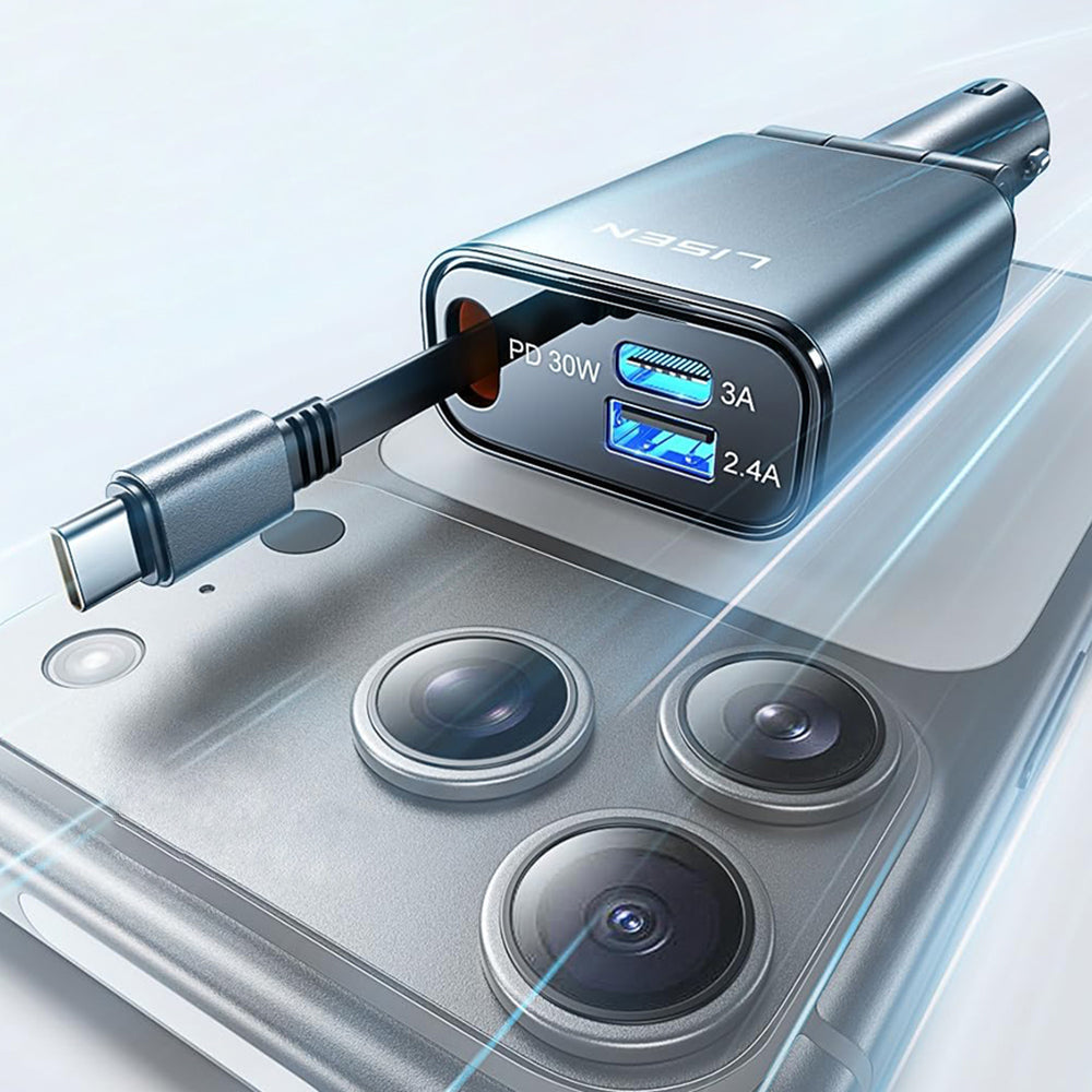 Chargeur de voiture avec câble USB-C Lisen, 57W, 3A, 1 x USB-A - 1 x USB-C, Noir YL0325010016