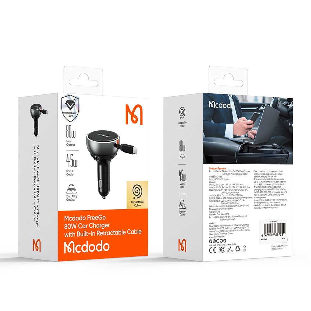 Car Charger with USB-C Cable McDodo CC-4850, 80W, 3A, 1 x USB-A - 1 x USB-C, Black