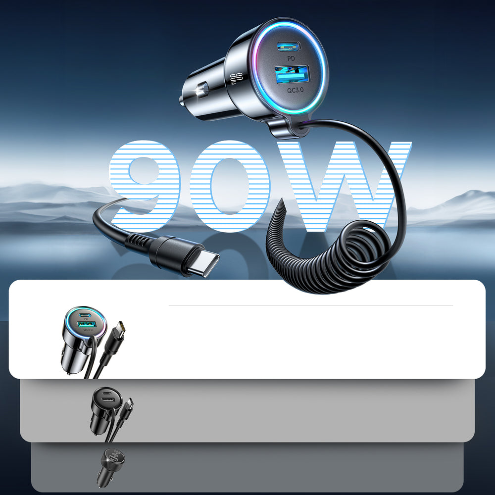 Chargeur de voiture avec câble USB-C Joyroom JR-CL07, 90W, 3A, 1 x USB-A - 1 x USB-C, Noir