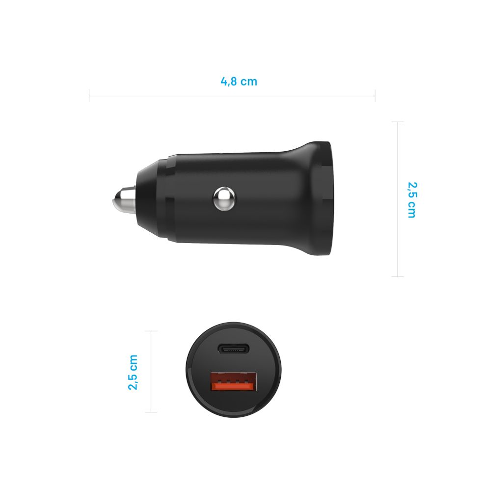 Auto-Ladegerät Fixed, 20W, 3A, 1 x USB-A - 1 x USB-C, Schwarz
