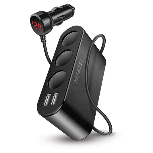 Forever MultiPort Autoladegerät, 12W, 2.4A, 2 x USB-A - 3 x Zigarettenanzünderverlängerung, Schwarz 