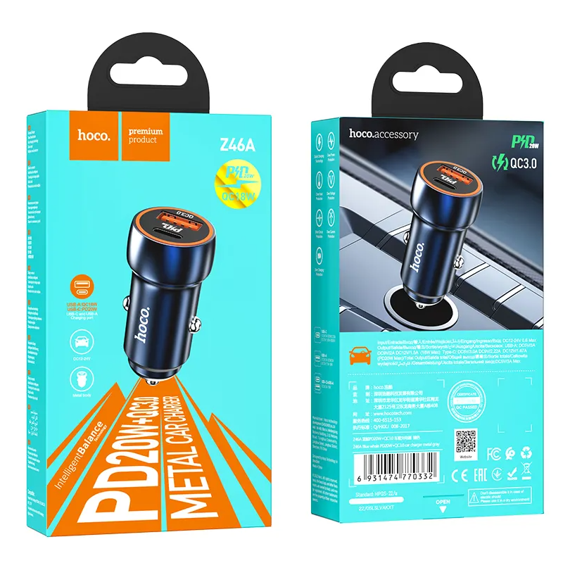 Chargeur de voiture HOCO Z46A, 20W, 3A, 1 x USB-A - 1 x USB-C, Bleu