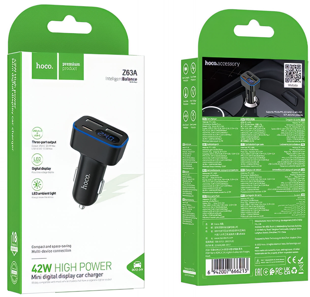 Auto-Ladegerät HOCO Z63A Display, 42W, 3A, 1 x USB-C - 2 x USB-A, Schwarz