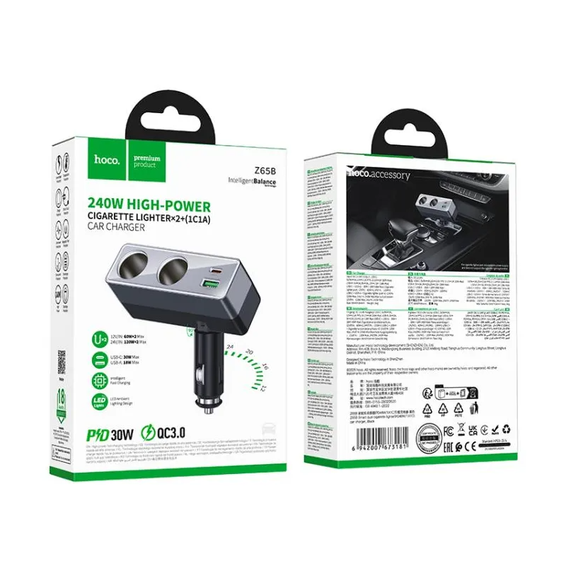 Auto-Ladegerät HOCO Z65B, 240W, 1 x USB-A - 1 x USB-C - 2 x Zigarettenanzünder-Verlängerung, Schwarz