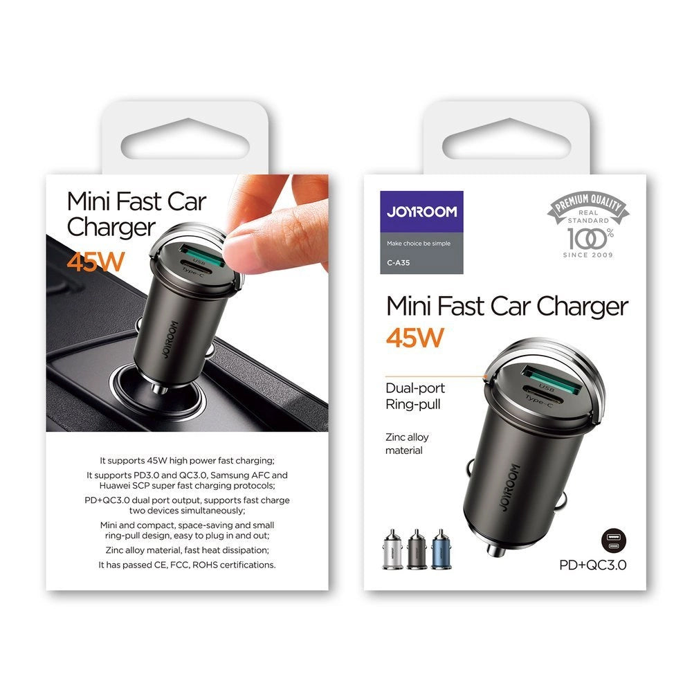 Joyroom C-A35 Car Charger, 45W, 5A, 1 x USB-A - 1 x USB-C, Gray