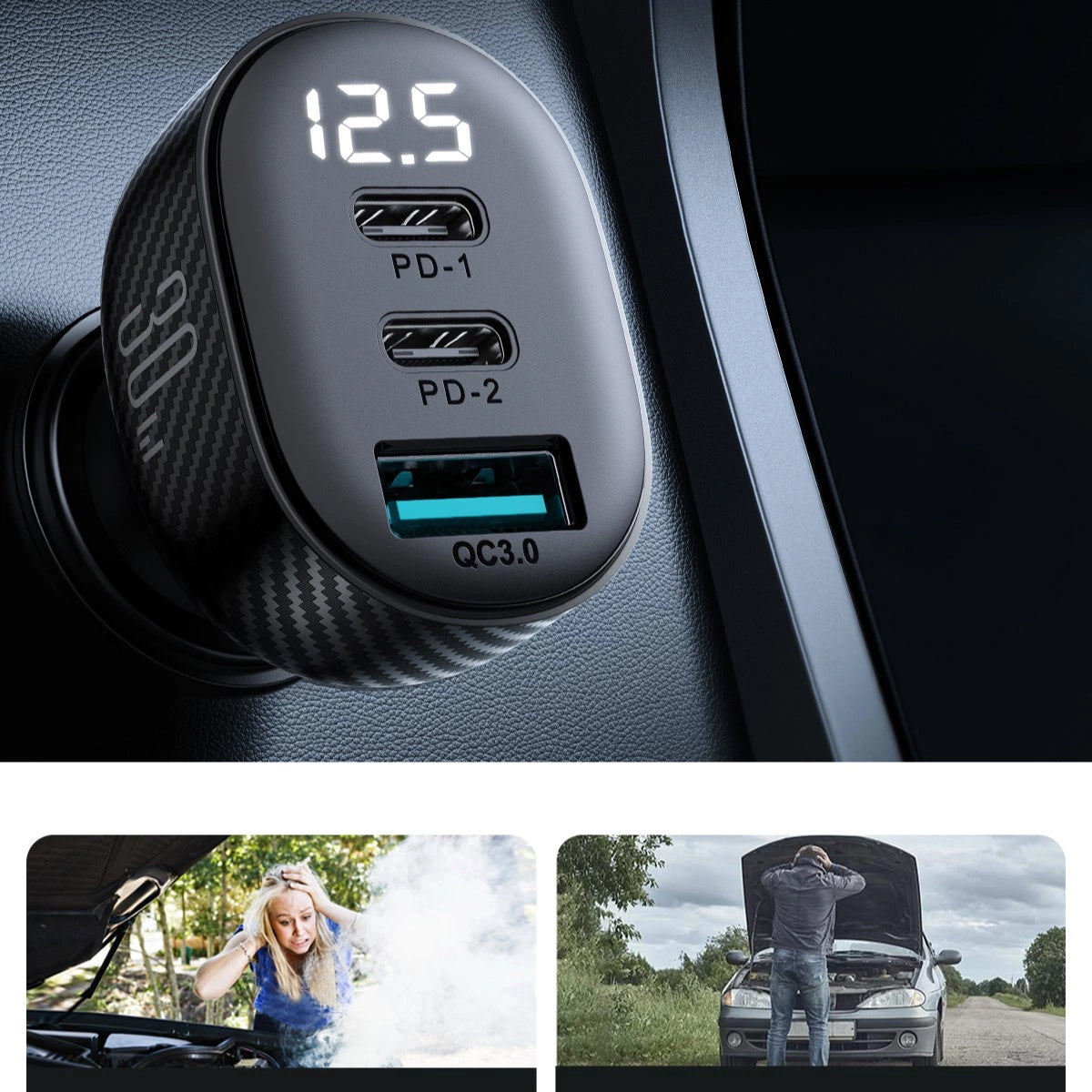 Chargeur de voiture Joyroom JR-CCD04, 30W, 3A, 1 x USB-A - 2 x USB-C, Noir