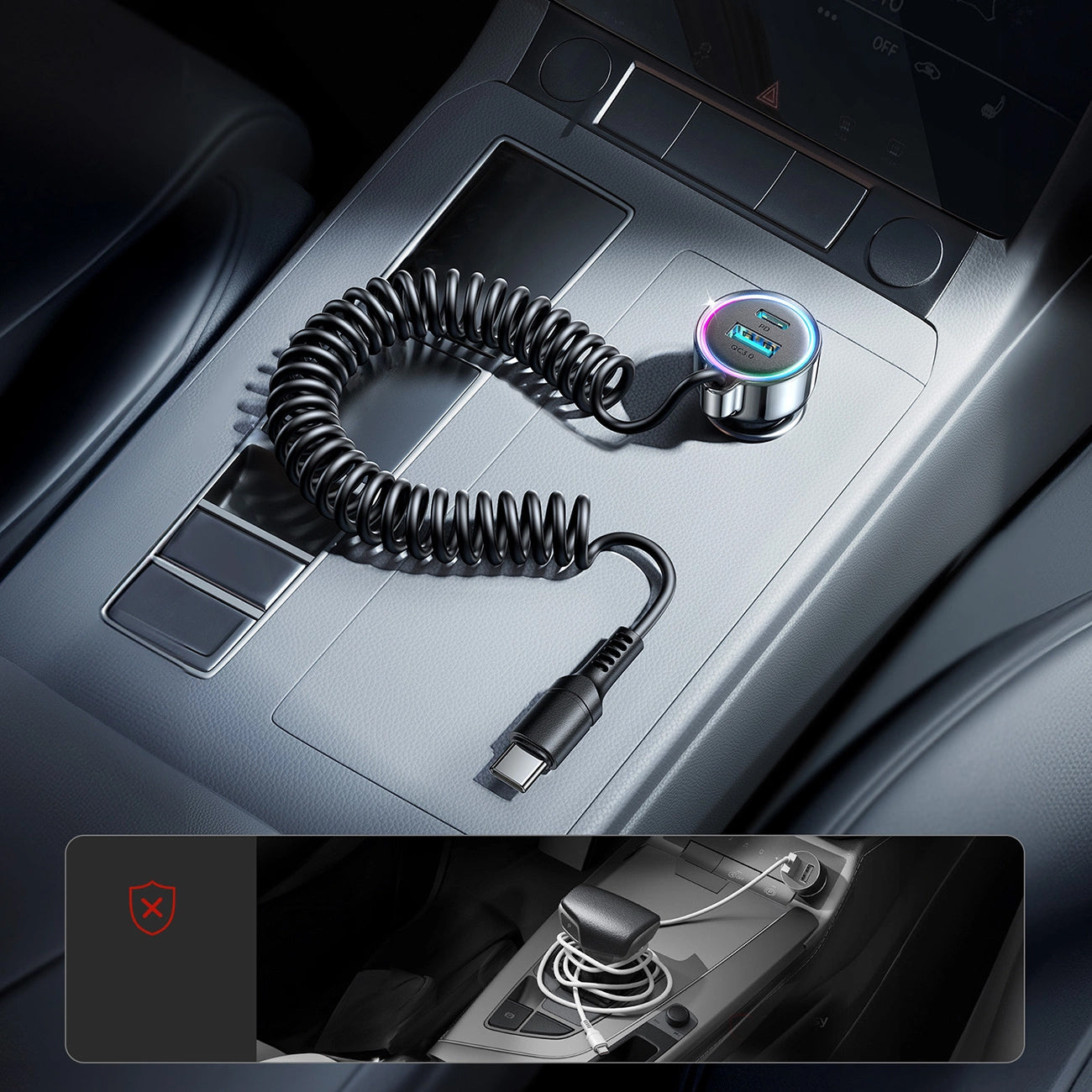 Chargeur de voiture avec fil USB-C Joyroom JR-CL07, 72W, 3A, 1 x USB-A - 1 x USB-C, Noir