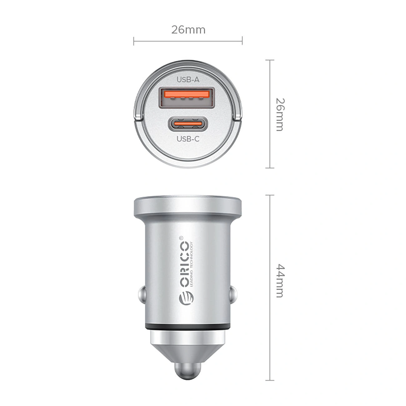 Chargeur Auto Orico MiniRing Pro, 45W, 3A, 1 x USB-A - 1 x USB-C, Argent