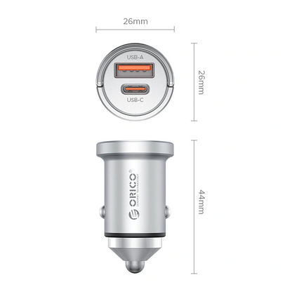 Chargeur Auto Orico MiniRing Pro, 45W, 3A, 1 x USB-A - 1 x USB-C, Argent