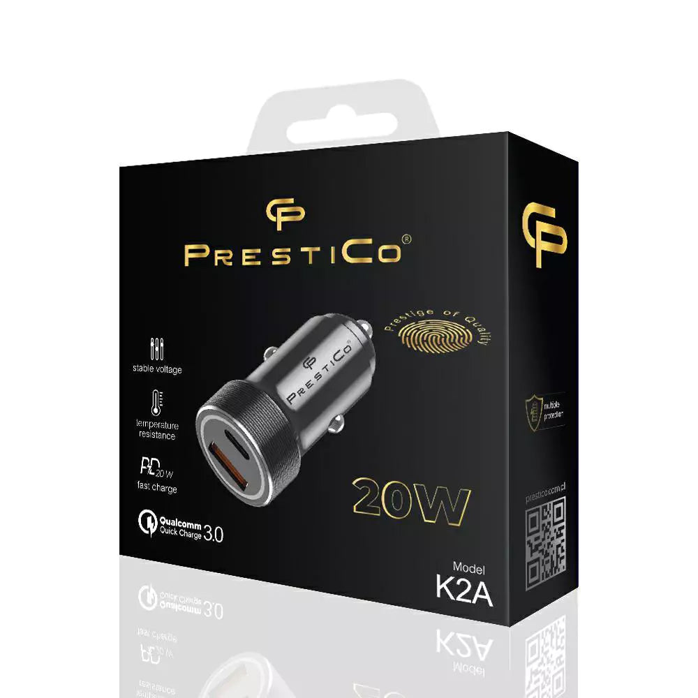 Auto-Ladegerät Prestico K2A, 20W, 3A, 1 x USB-A - 1 x USB-C, Schwarz