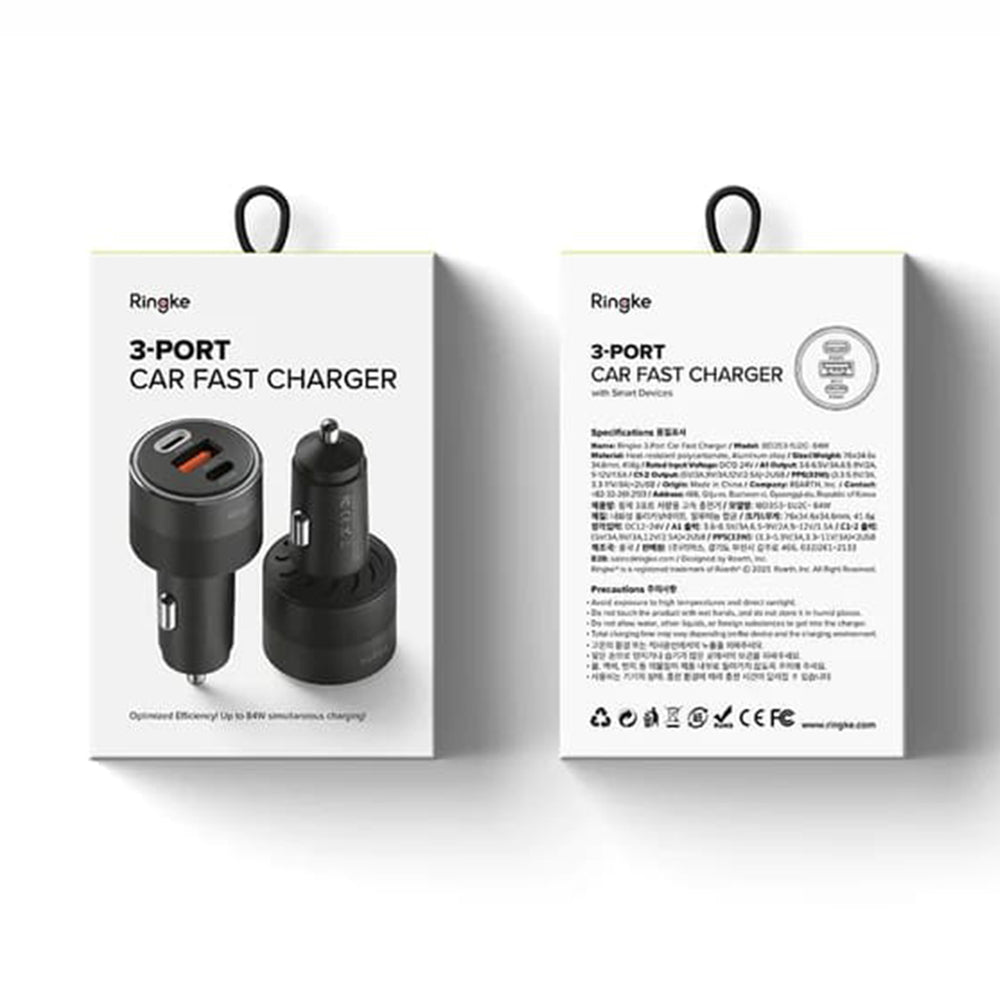 Ringke Car Charger, 30W, 3A, 1 x USB-A - 2 x USB-C, Black