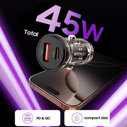 Chargeur Auto Tech-Protect CC01, 45W, 5A, 1 x USB-A - 1 x USB-C, Noir