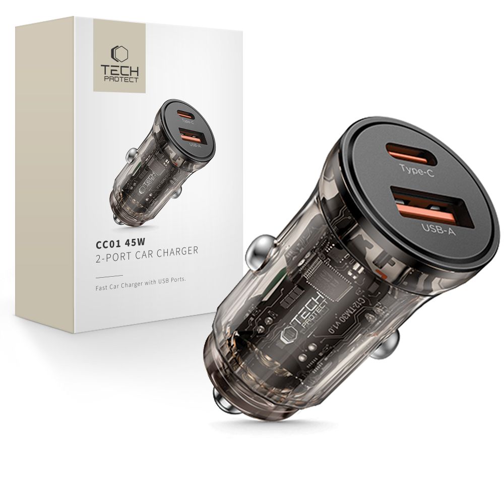 Chargeur Auto Tech-Protect CC01, 45W, 5A, 1 x USB-A - 1 x USB-C, Noir