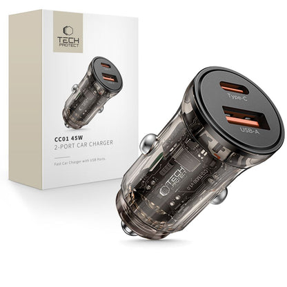 Chargeur Auto Tech-Protect CC01, 45W, 5A, 1 x USB-A - 1 x USB-C, Noir
