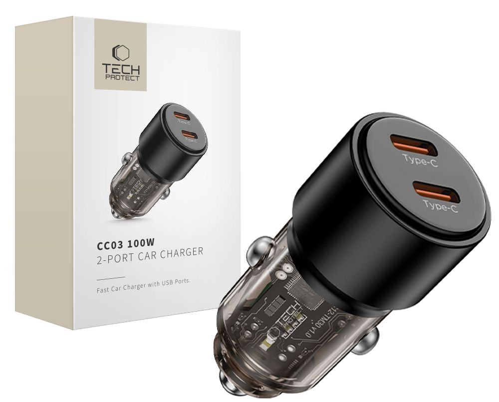 Auto-Ladegerät Tech-Protect CC03, 100W, 3,25A, 2 x USB-C, Schwarz
