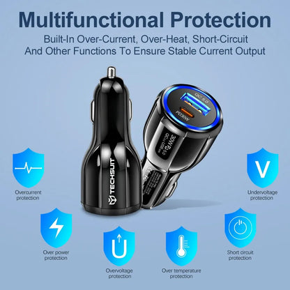 Techsuit TE-022 Premium Car Charger, 60W, 3A, 1 x USB-A - 1 x USB-C, Black