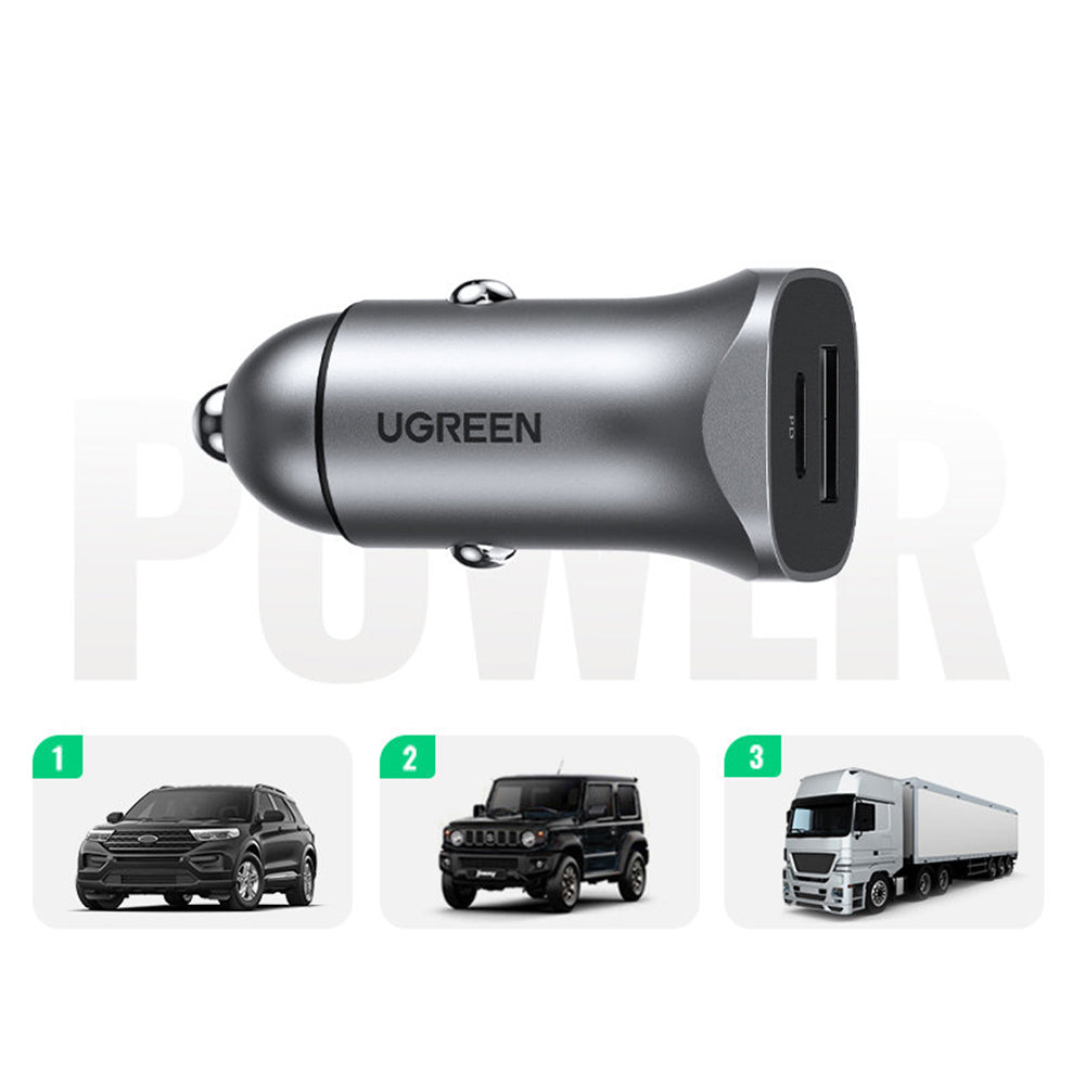 Autoladegerät UGREEN CD130, 24W, 3A, 1 x USB-A - 1 x USB-C, Grau