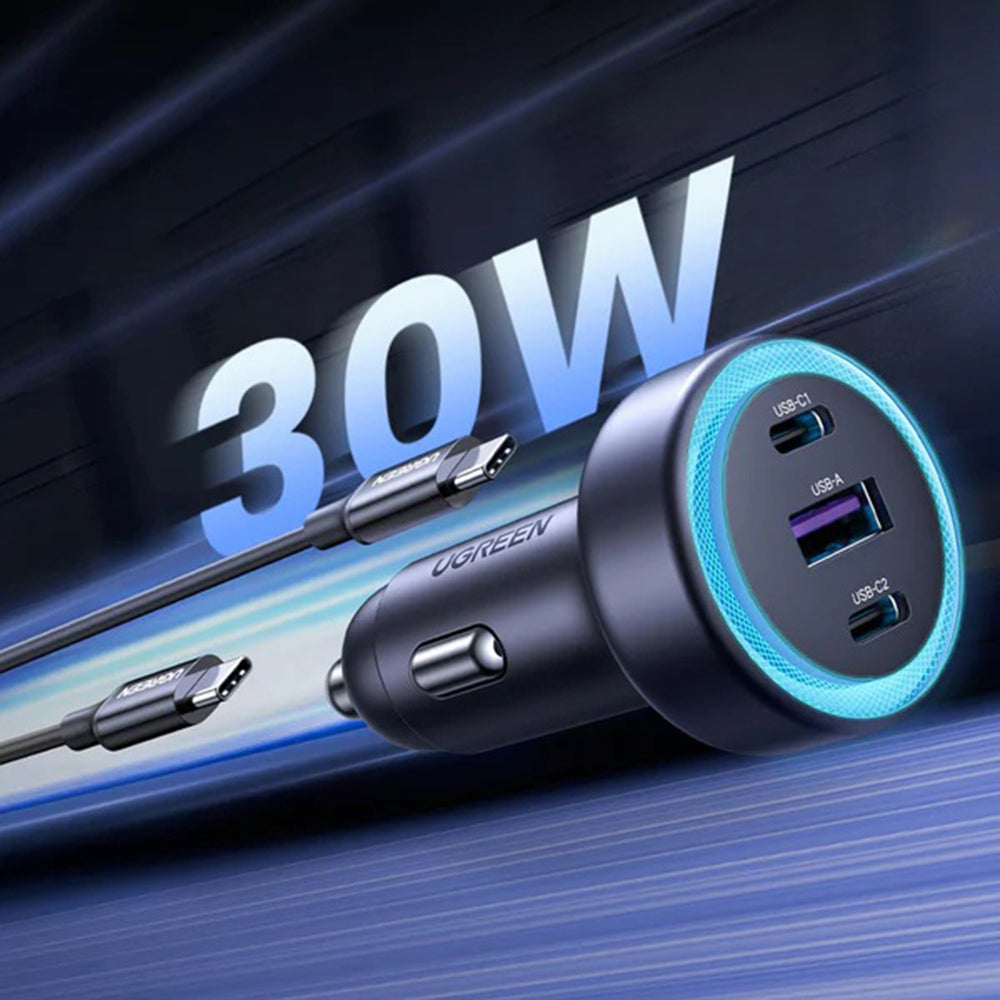 Auto-Ladegerät UGREEN EC307, 30W, 3A, 1 x USB-A - 2 x USB-C, Grau