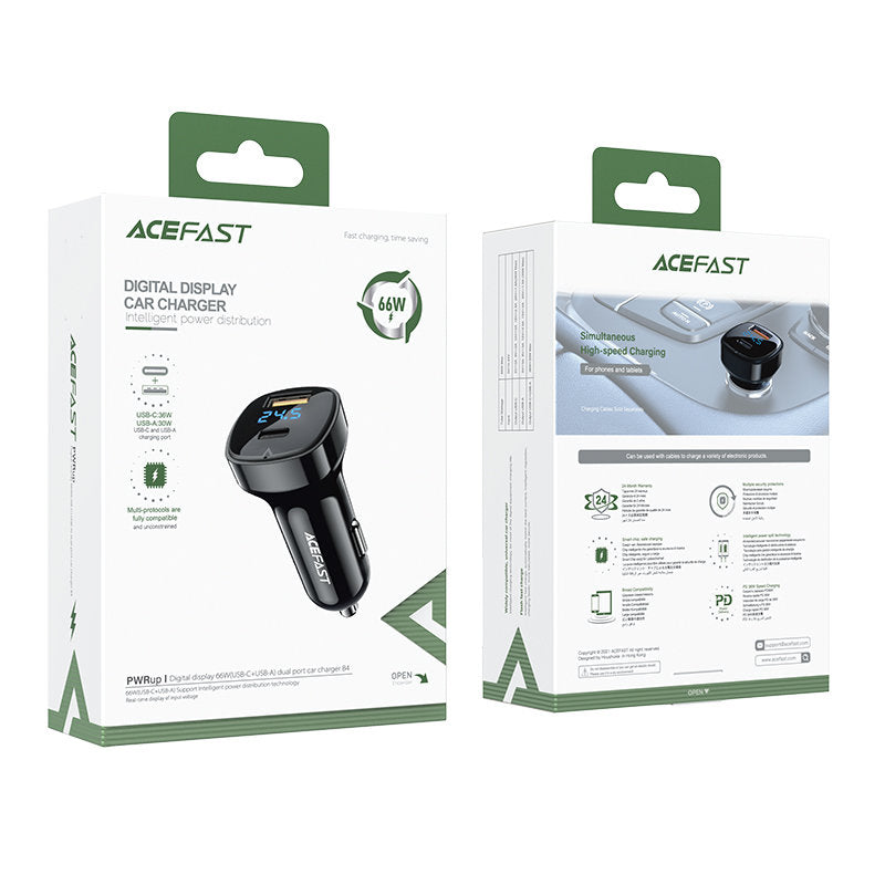Acefast B4 Car Charger, 66W, 3A, 1 x USB-A - 1 x USB-C, Black