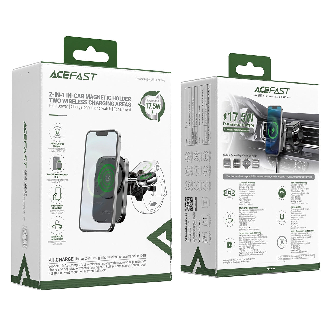Auto Wireless-Ladegerät Acefast D18 2in1, 15W, 1.67A, Schwarz