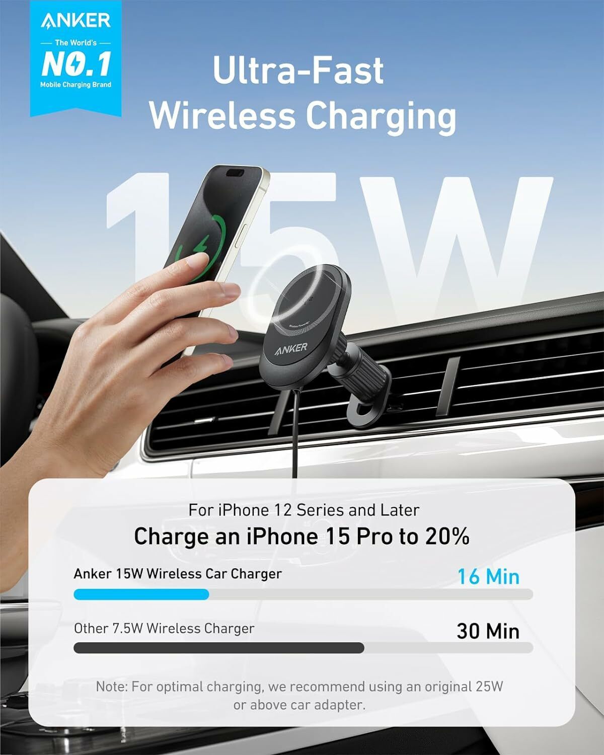 Anker MagGo Kfz-Wireless-Ladegerät, 15W, 1.67A, Schwarz B2932G11