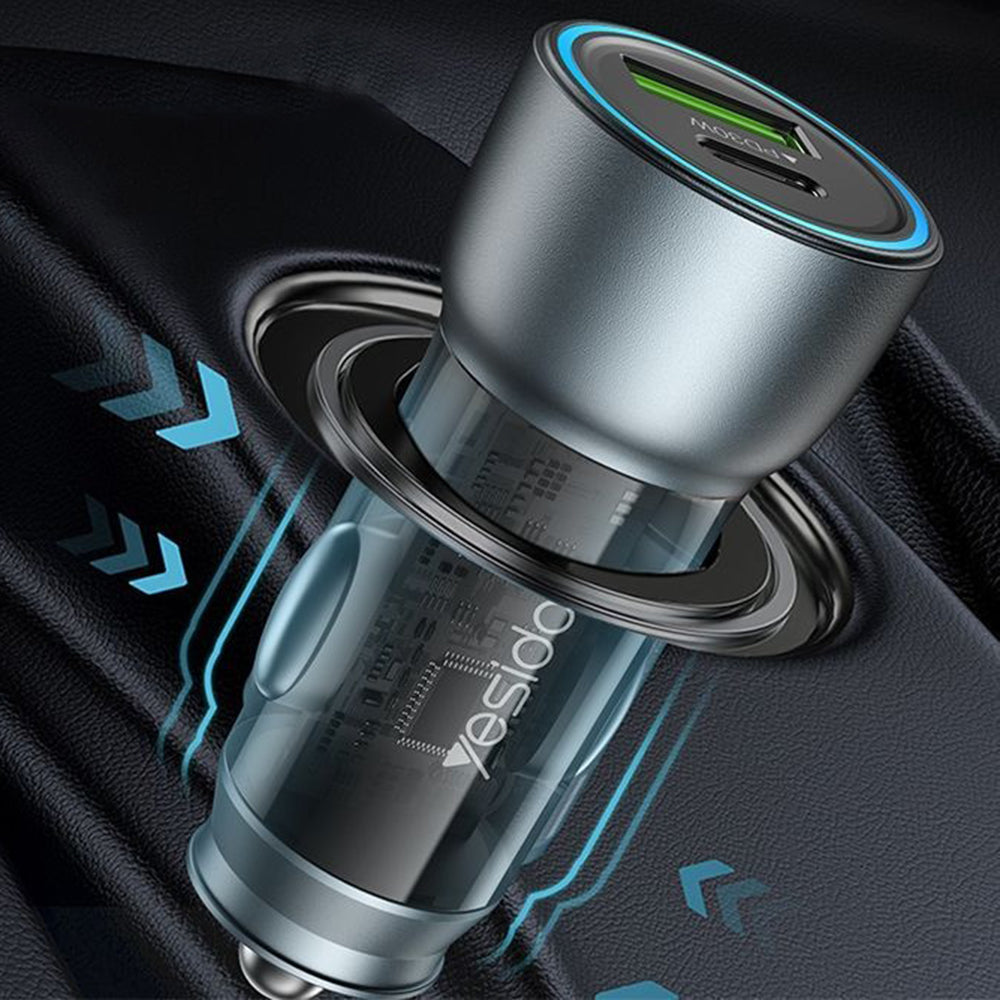 Auto-Ladegerät Yesido Y49, 30W, 3A, 1 x USB-A - 1 x USB-C, Grau