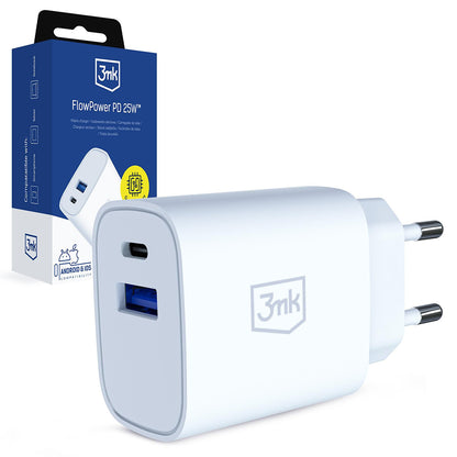 3MK FlowPower Network Charger, 25W, 1 x USB-A - 1 x USB-C, White