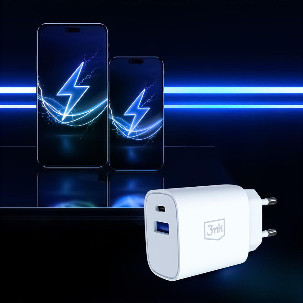 3MK FlowPower Network Charger, 25W, 1 x USB-A - 1 x USB-C, White