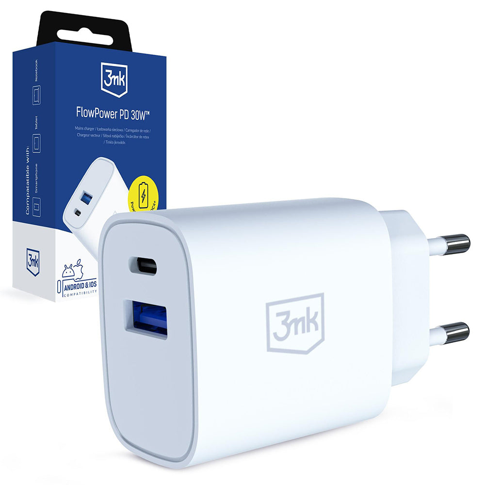 3MK FlowPower Network Charger, 30W, 1 x USB-A - 1 x USB-C, White