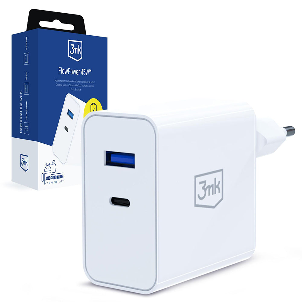 3MK FlowPower Netzladegerät, 45W, 1 x USB-A - 1 x USB-C, Weiß
