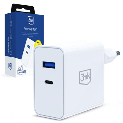 3MK FlowPower Netzladegerät, 45W, 1 x USB-A - 1 x USB-C, Weiß