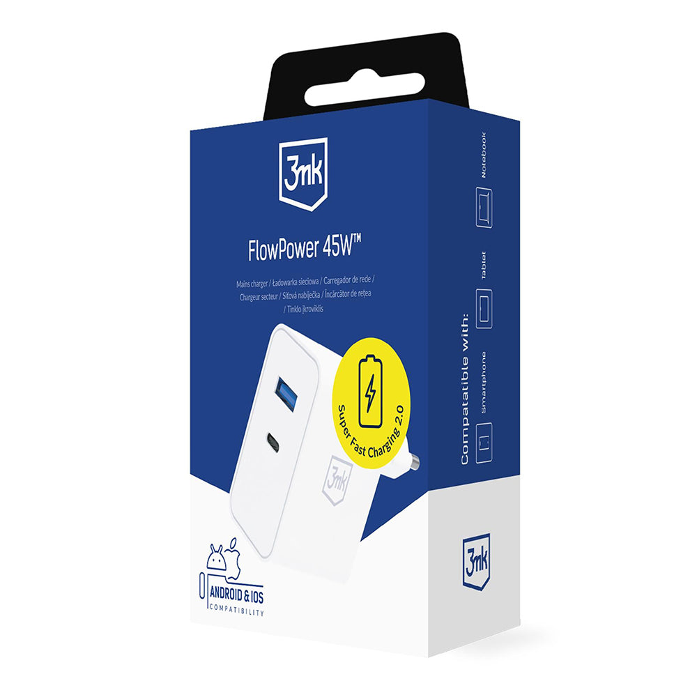 3MK FlowPower Netzladegerät, 45W, 1 x USB-A - 1 x USB-C, Weiß