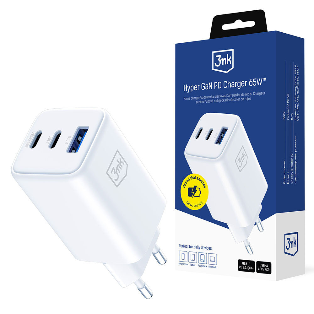 Chargeur Réseau 3MK Hyper, 65W, 3.25A, 1 x USB-A - 2 x USB-C, Blanc