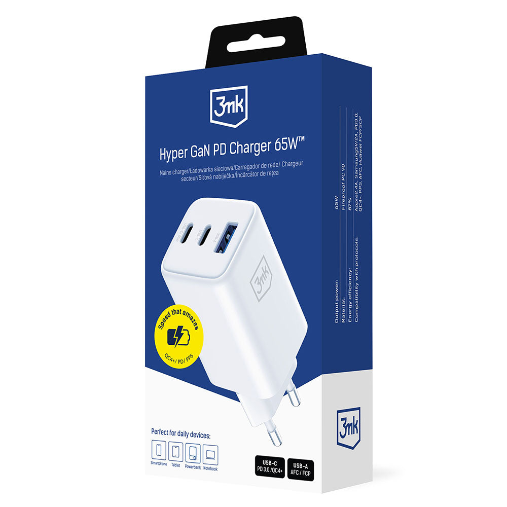 Chargeur Réseau 3MK Hyper, 65W, 3.25A, 1 x USB-A - 2 x USB-C, Blanc