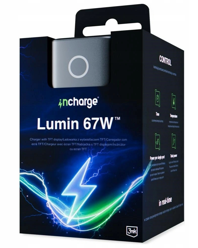 Netzteil 3MK InCharge Lumin Display, 67W, 5A, 1 x USB-A - 2 x USB-C, Schwarz