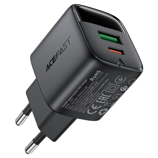 Chargeur Réseau Acefast A114 Display, 25W, 3A, 1 x USB-A - 1 x USB-C, Noir