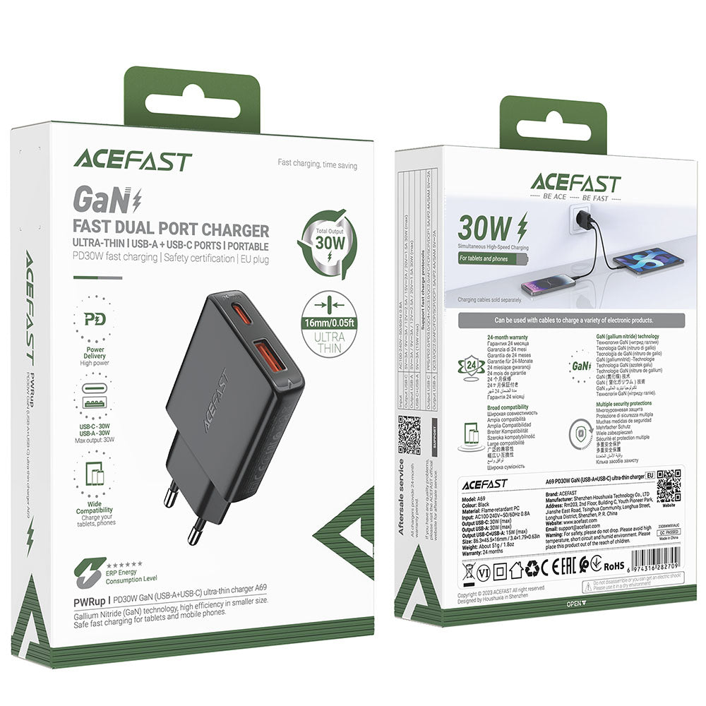 Netzladegerät Acefast A69, 30W, 3A, 1 x USB-A - 1 x USB-C, Schwarz