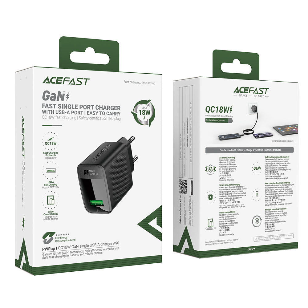 Chargeur Réseau Acefast A90, 18W, 3A, 1 x USB-A, Noir