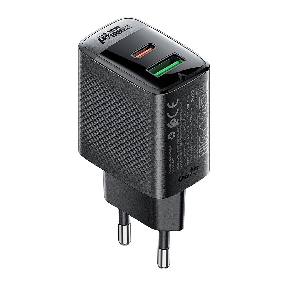 Chargeur réseau Acefast A98, 30W, 3A, 1 x USB-A - 1 x USB-C, Noir