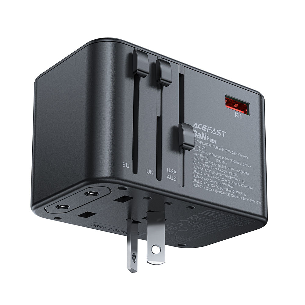 Acefast Travel Z1 Netzladegerät, 75W, 3.35A, 2 x USB-A - 3 x USB-C, Schwarz