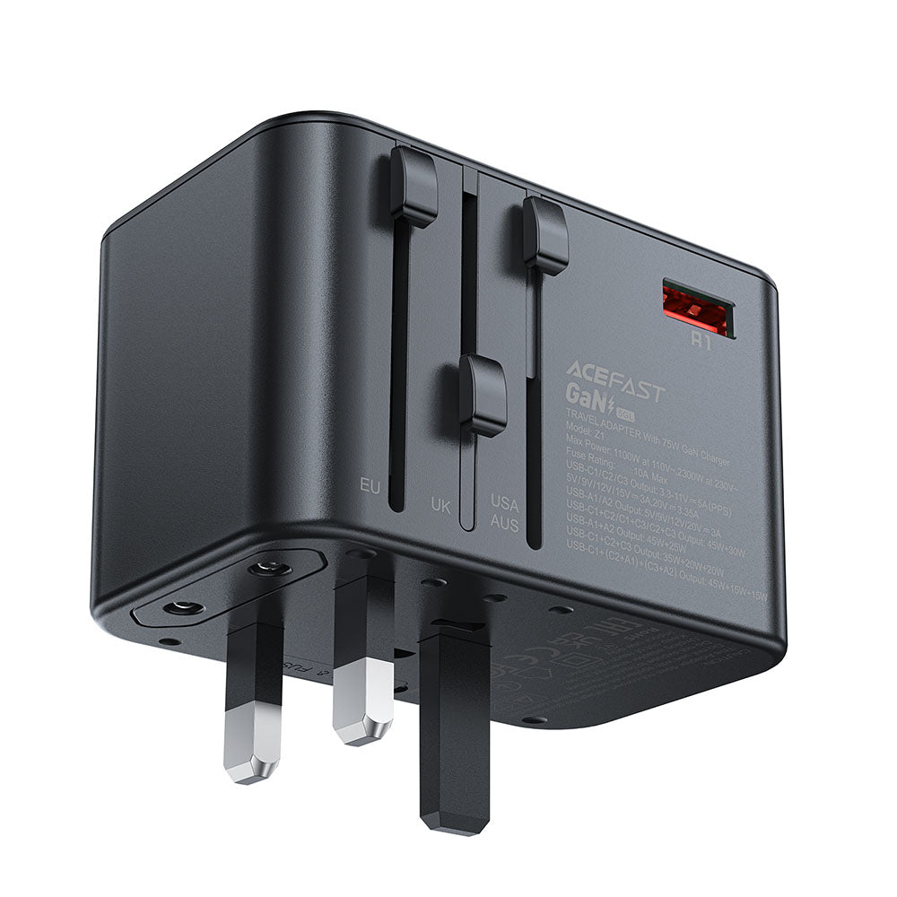 Acefast Travel Z1 Netzladegerät, 75W, 3.35A, 2 x USB-A - 3 x USB-C, Schwarz
