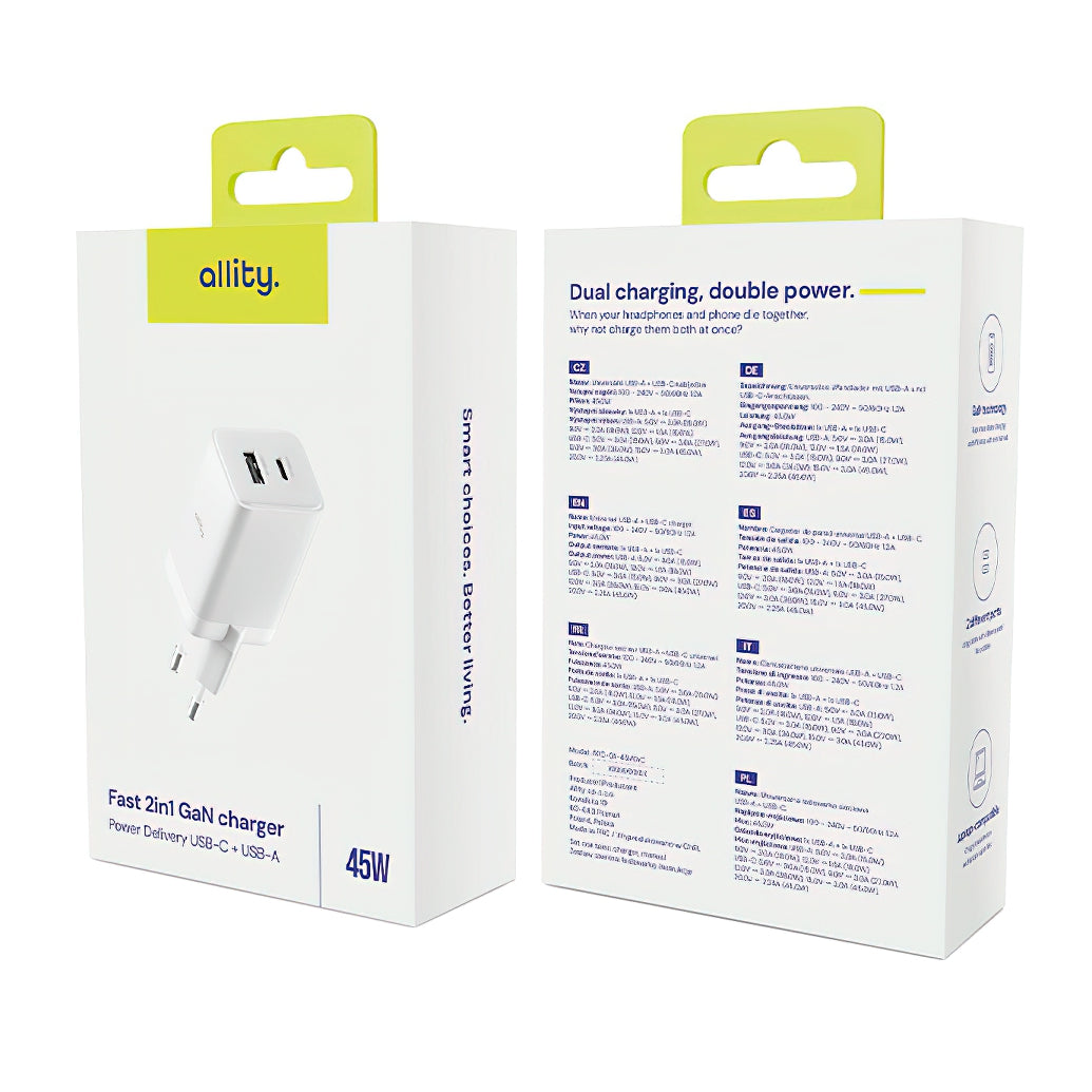 Netzladegerät Allity. ATC-01-45WCC Fast, 45W, 3A, 1 x USB-A - 1 x USB-C, Weiß.