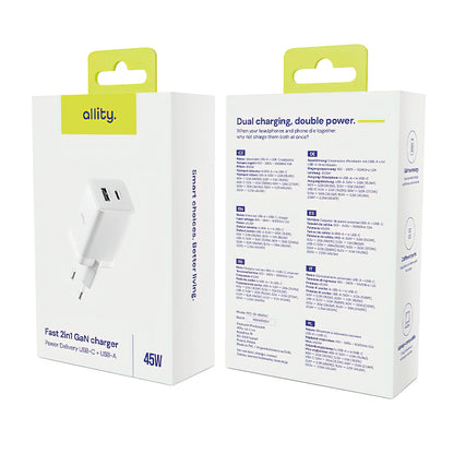 Netzladegerät Allity. ATC-01-45WCC Fast, 45W, 3A, 1 x USB-A - 1 x USB-C, Weiß.