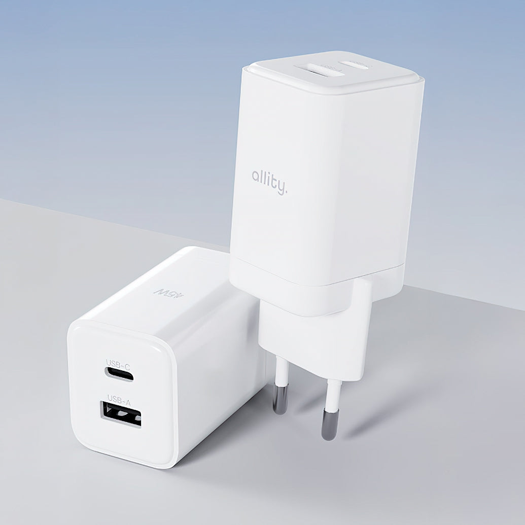 Netzladegerät Allity. ATC-01-45WCC Fast, 45W, 3A, 1 x USB-A - 1 x USB-C, Weiß.
