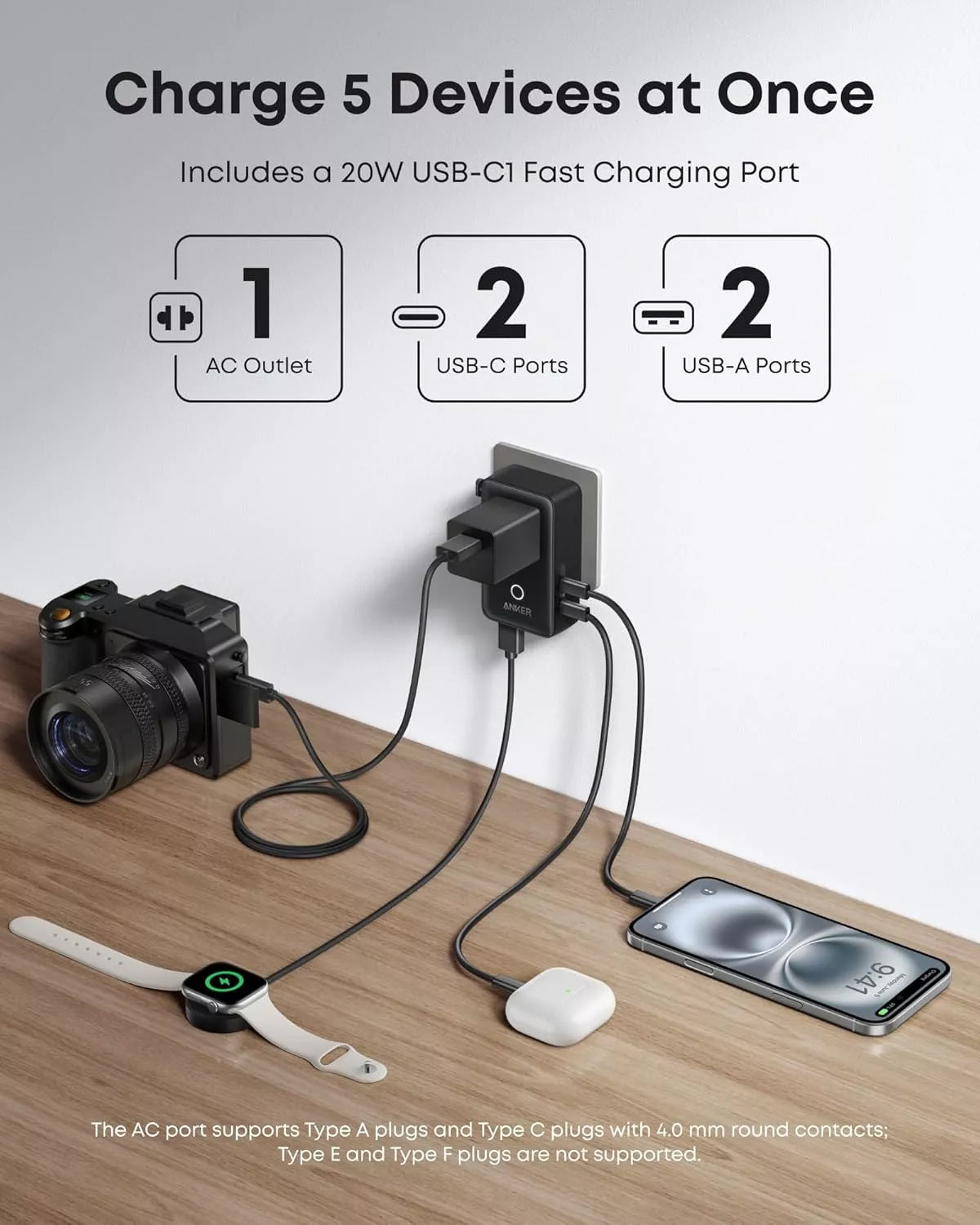 Chargeur Réseau Anker Nano Travel, 20W, 3A, 2 x USB-A - 2 x USB-C, Noir A9215H11