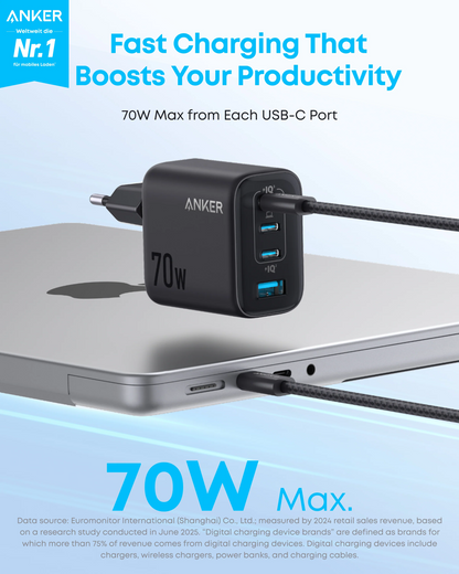 Chargeur Réseau Anker Zolo, 70W, 3.5A, 1 x USB-A - 3 x USB-C, Noir A121CG11