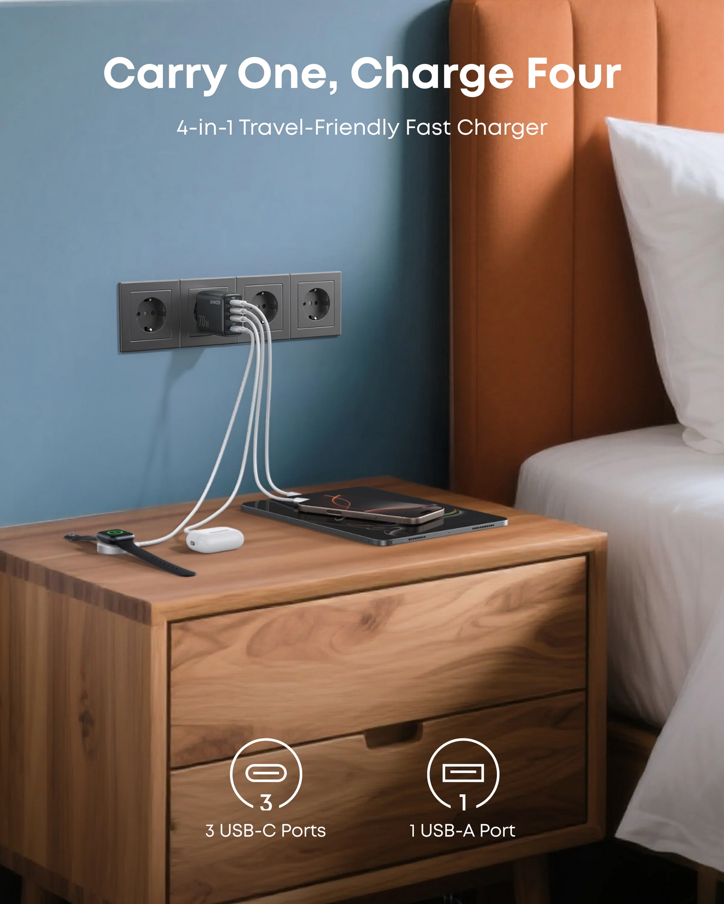 Chargeur Réseau Anker Zolo, 70W, 3.5A, 1 x USB-A - 3 x USB-C, Noir A121CG11