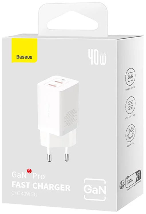Baseus GaN5 Pro Netzladegerät, 40W, 3A, 2 x USB-C, Weiß CCGP180102